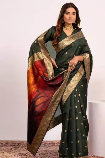 Green color silk blend resham weaves sarees