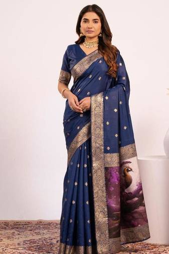 Navy blue color silk blend resham weaves sarees