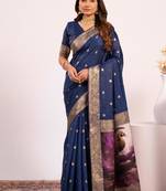 Navy blue color silk blend resham weaves sarees