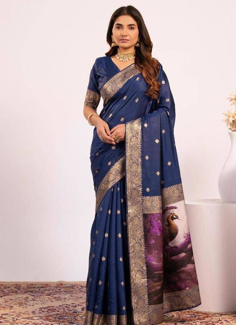 Navy blue color silk blend resham weaves sarees