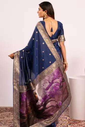 Navy blue color silk blend resham weaves sarees