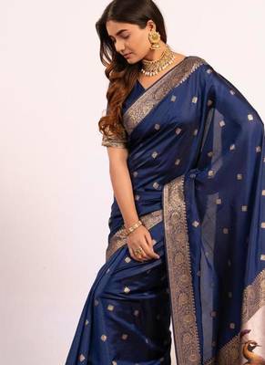 Navy blue color silk blend resham weaves sarees 3