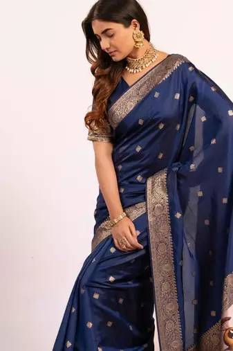 Navy blue color silk blend resham weaves sarees