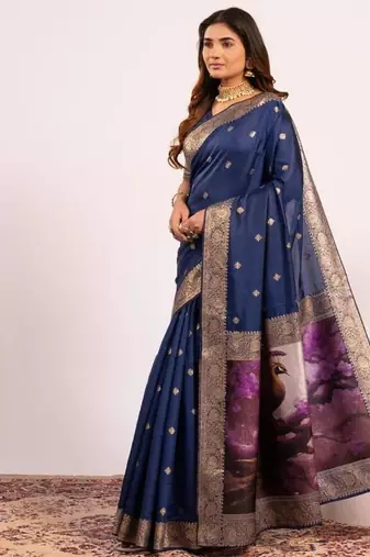 Navy blue color silk blend resham weaves sarees