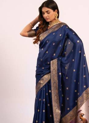 Navy blue color silk blend resham weaves sarees 5