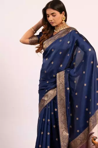 Navy blue color silk blend resham weaves sarees