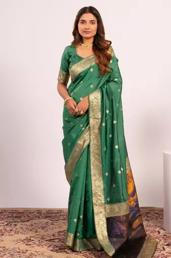 Perrot green color silk blend resham weaves sarees