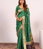 Perrot green color silk blend resham weaves sarees