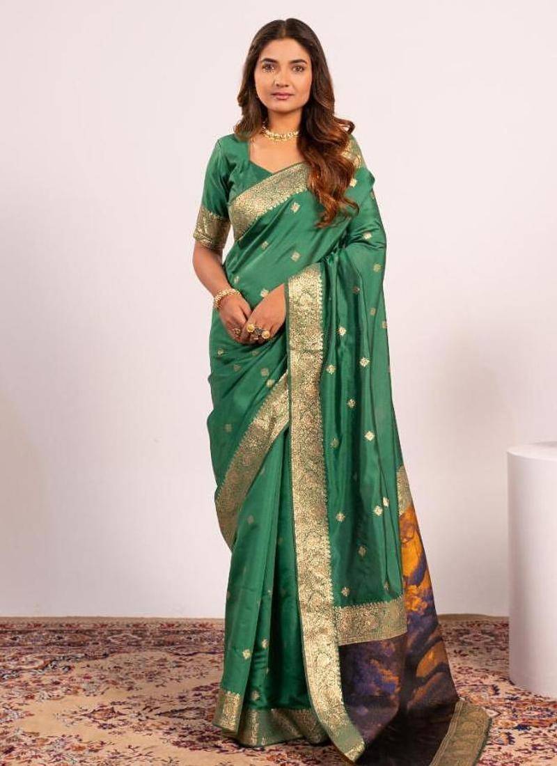 Perrot green color silk blend resham weaves sarees
