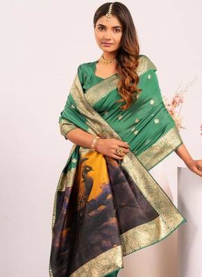Perrot green color silk blend resham weaves sarees 2