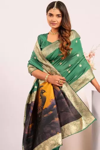 Perrot green color silk blend resham weaves sarees