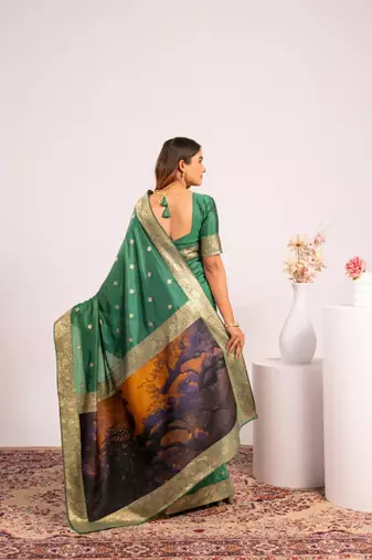 Perrot green color silk blend resham weaves sarees
