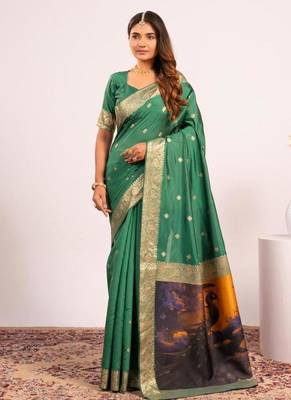 Perrot green color silk blend resham weaves sarees 4