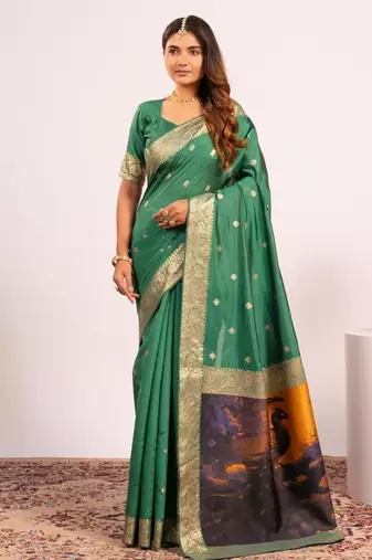 Perrot green color silk blend resham weaves sarees