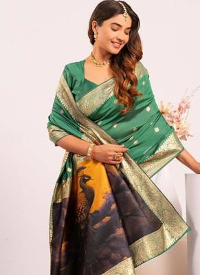 Perrot green color silk blend resham weaves sarees 5