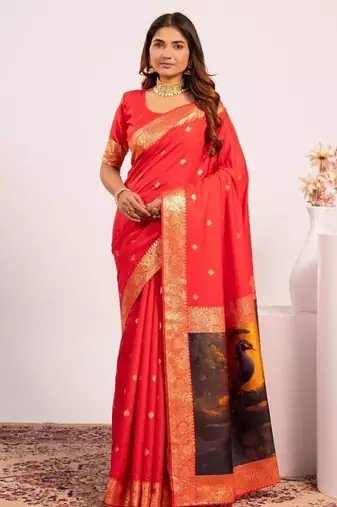 Red color silk blend resham weaves sarees