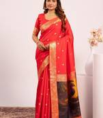 Red color silk blend resham weaves sarees
