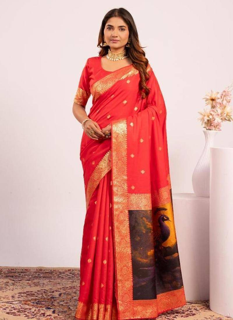Red color silk blend resham weaves sarees