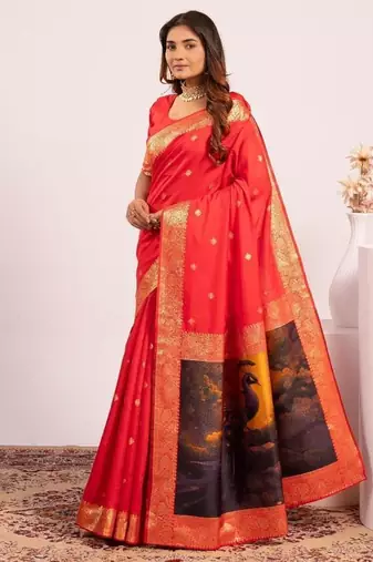 Red color silk blend resham weaves sarees