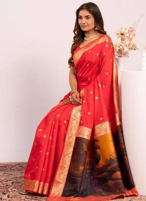 Red color silk blend resham weaves sarees 3