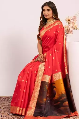 Red color silk blend resham weaves sarees