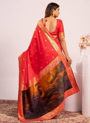 Red color silk blend resham weaves sarees 4