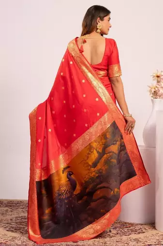 Red color silk blend resham weaves sarees