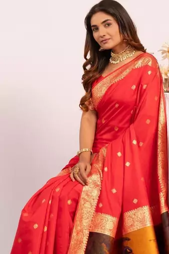 Red color silk blend resham weaves sarees