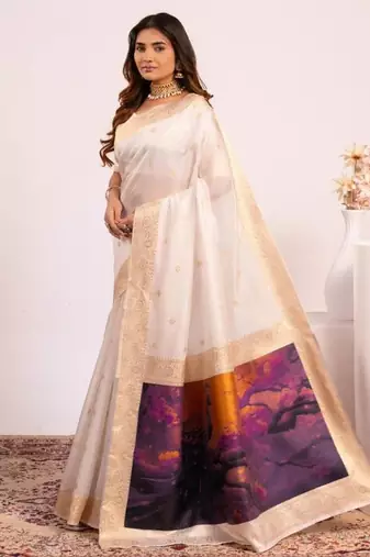 White color silk blend silk blend resham weaves sarees