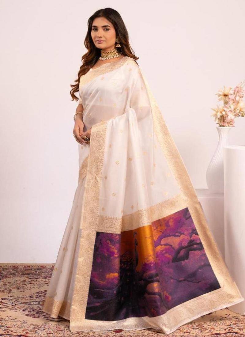 White color silk blend silk blend resham weaves sarees