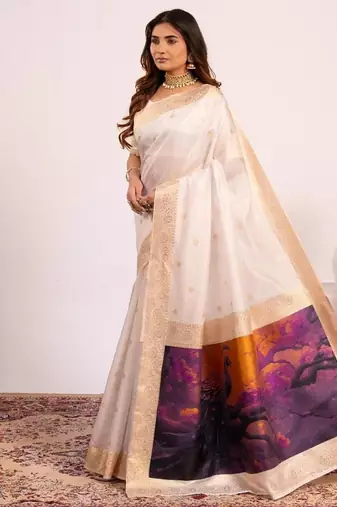 White color silk blend silk blend resham weaves sarees