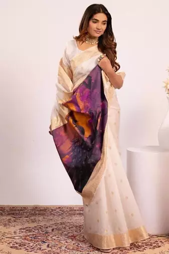 White color silk blend silk blend resham weaves sarees