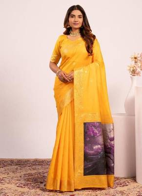 Yellow color silk blend resham weaves sarees 1