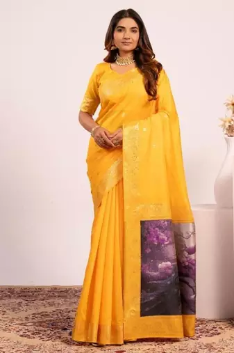 Yellow color silk blend resham weaves sarees