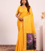 Yellow color silk blend resham weaves sarees