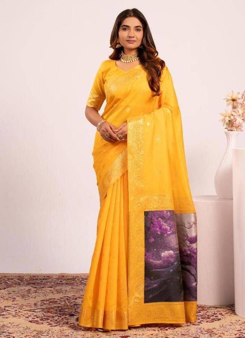 Yellow color silk blend resham weaves sarees