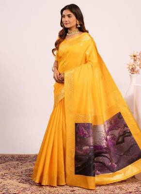 Yellow color silk blend resham weaves sarees 2
