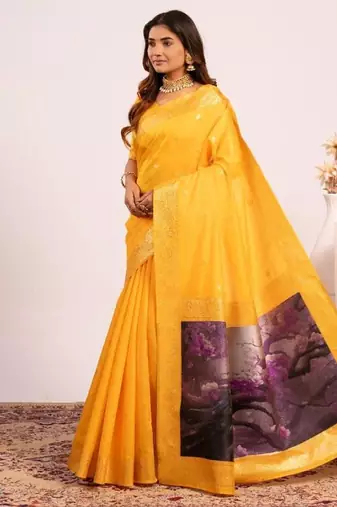 Yellow color silk blend resham weaves sarees