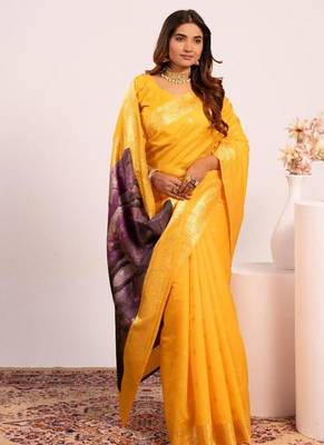 Yellow color silk blend resham weaves sarees 3