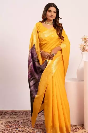 Yellow color silk blend resham weaves sarees