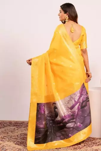 Yellow color silk blend resham weaves sarees