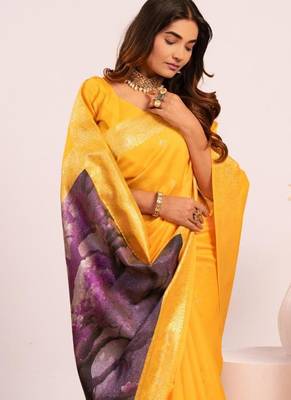 Yellow color silk blend resham weaves sarees 5