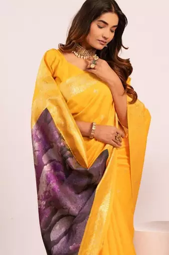 Yellow color silk blend resham weaves sarees