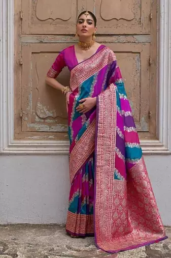 Pink color silk blend handloom silk blend kadwa weaves sarees