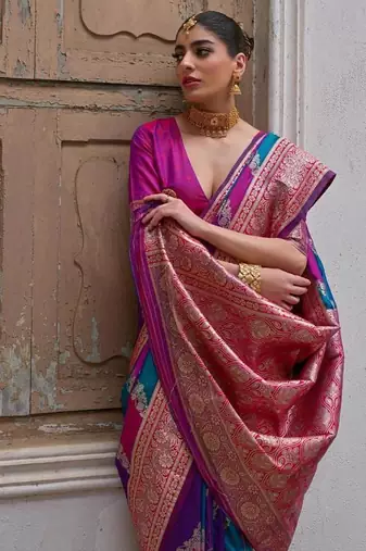 Pink color silk blend handloom silk blend kadwa weaves sarees