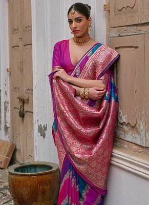 Pink color silk blend handloom silk blend kadwa weaves sarees 4