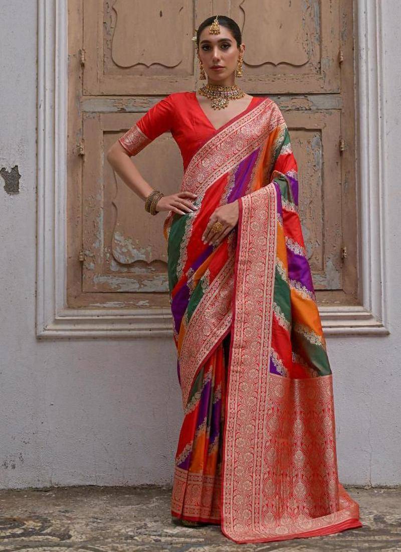 Red color silk blend handloom silk blend kadwa weaves sarees