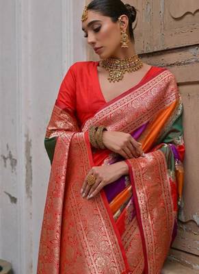 Red color silk blend handloom silk blend kadwa weaves sarees 4