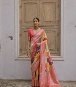 Yellow color silk blend handloom silk blend kadwa weaves sarees