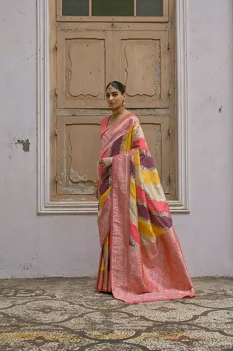 Yellow color silk blend handloom silk blend kadwa weaves sarees